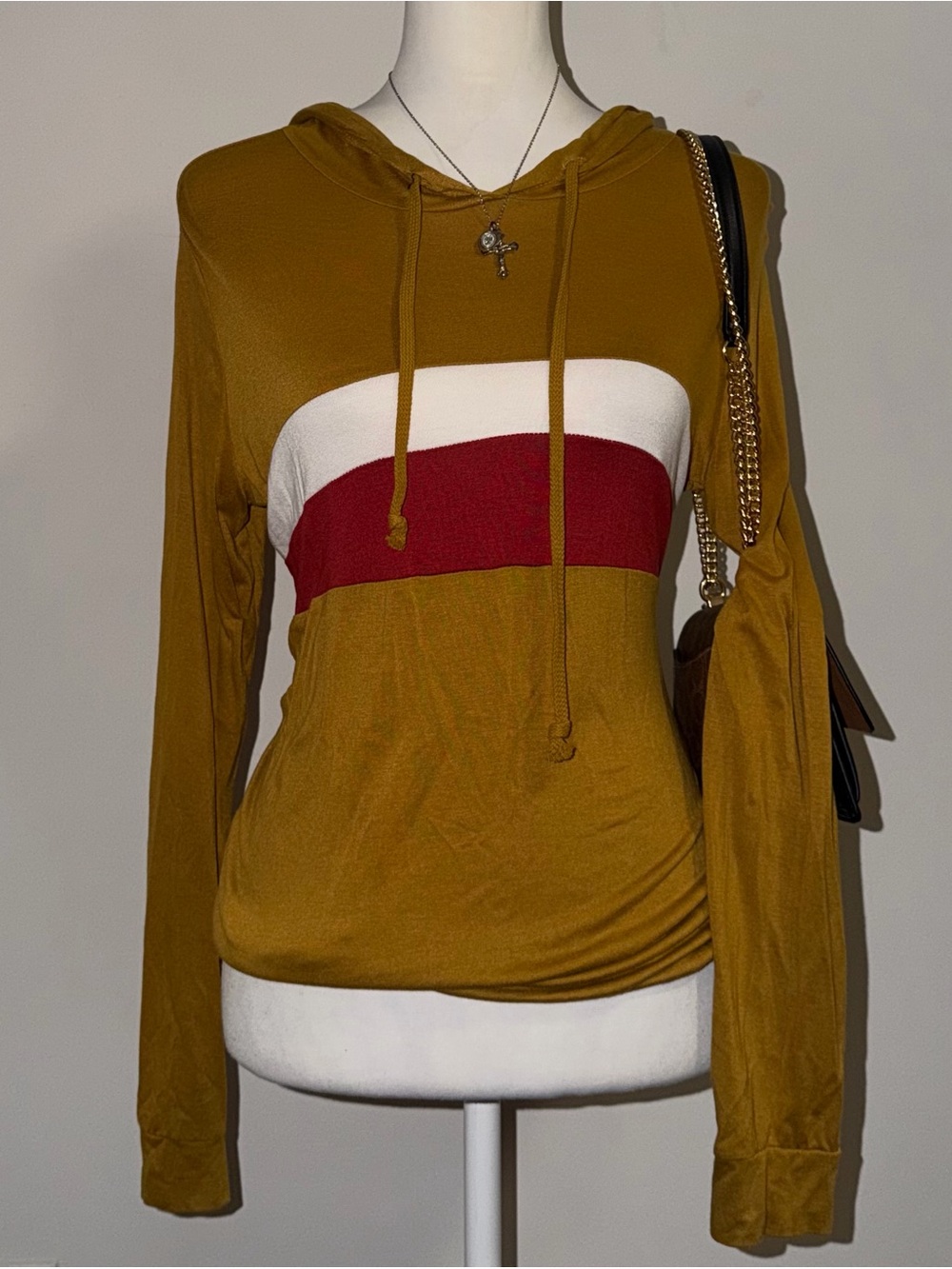 2000s vintage style yellow, red, and white color block hoodie